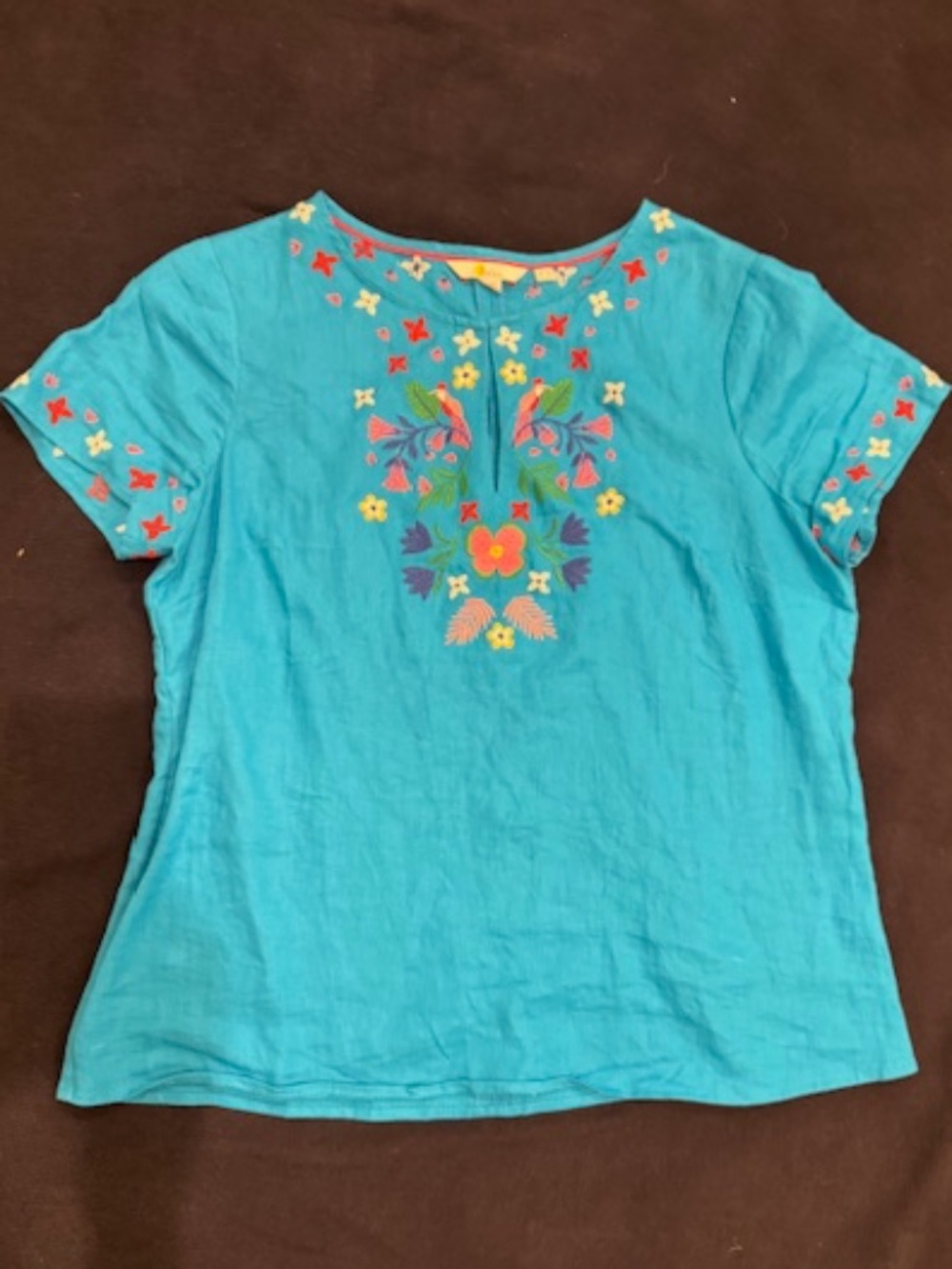 EUC Gorgeous $160 Turquoise 100% Linen top from Boden, Embroidered! Size 10